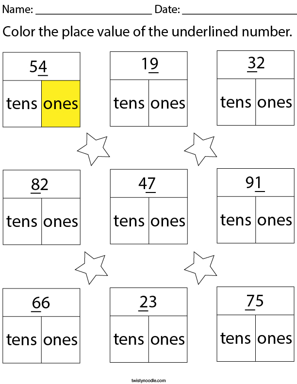 Color the place of the underlined number 2 digit Math Worksheet